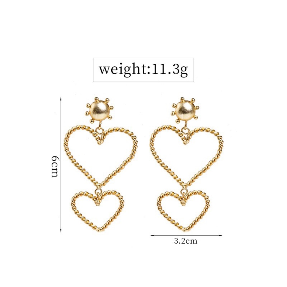 Gold Double Hearts Drop Earrings - Picture 5 of 5